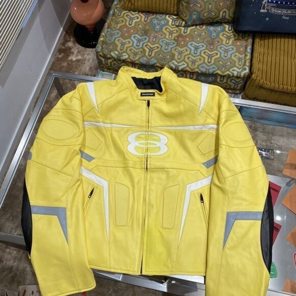 Balenciaga Racer Oversized Distressed Panelled Leather Jacket – Signal Yellow - Picture 1 of 9